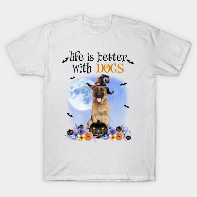 German Shepherd Witch Hat Life Is Better With Dogs T-Shirt by Benko Clarence